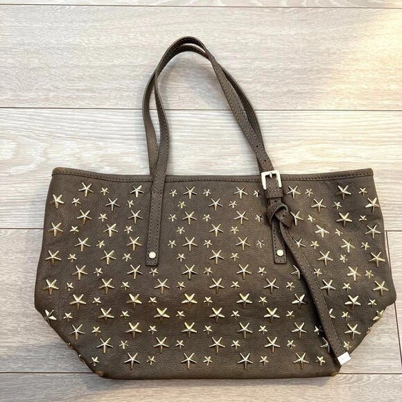 JIMMY CHOO Sasha Star Studded Tote Shoulder Bag Gray Beige Leather - Picture 1 of 6